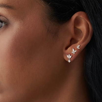 Sterling Silver Earrings Stacks for Women, Hypoallergenic Cartilage Earring | Dainty Stud Huggie Hoop Dangle Chain Earrings, 14K Gold/White Gold Plated - color: 3Pairs-Butterfly Set-Silver