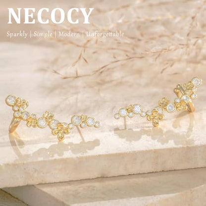 Ear Climber Earrings for Women, 14K Gold Plated/Silver Plated | Crawler Earrings Pierced with Cubic Zirconia, Hypoallergenic Cluster Stud Tragus Conch Daith Cartilage Jewelry Gift for Daily - color: Gold-8
