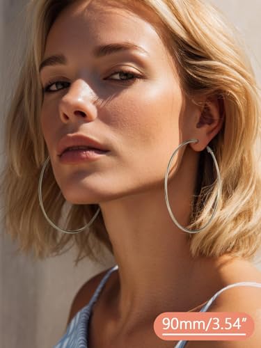 FaithHeart Silver/Black/Gold Stainless Steel Thin Hoop Earrings for Women | 2mm Wide Thin Large Hoop Earrings, Hypoallergenic Lightweight Trendy Jewelry, 20/30/40/50/60/70/80/90/100mm - color: Silver, size: 90mm/3.54"