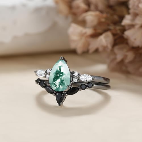 Moss Agate Bridal Wedding Rings Set for Women 925 Sterling Silver | Plated Platinum/Black Gold, Gothic, Vintage, Engagement Promise Ring, Anniversary Valentine Day Birthday Gift for Her - style: Black Gold Plating Cluster Ring