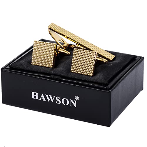 HAWSON Metal Cufflinks and Tie Clip Set for Men Novelty Cuff Links and Tie Bar Gifts for Wedding Level,Football, Musical Symbols Designs - color: Gold Squares Ridged set