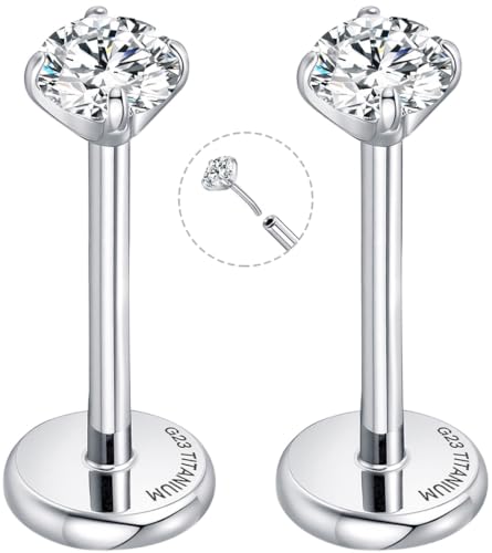 Threadless Flat Back Earrings for Tragus, Helix, Conch, Daith, Cartilage Piercings - G23 Titanium Flatback Stud Earrings with Grade AAAAA Cubic Zirconia - Threadless Flat Back Nose Stud Push Pin Ring Earring Studs (18g, 16g, 20g - 6mm, 8mm) - color: Silve