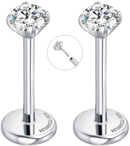 Threadless Flat Back Earrings for Tragus, Helix, Conch, Daith, Cartilage Piercings - G23 Titanium Flatback Stud Earrings with Grade AAAAA Cubic Zirconia - Threadless Flat Back Nose Stud Push Pin Ring Earring Studs (18g, 16g, 20g - 6mm, 8mm) - color: Silve