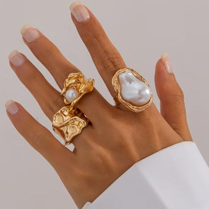 3/6 PCS Silver Chunky Pearl Rings Set for Women Gold Baroque Pearl Flower Open Ring Adjustable Crystal Large Ring Set Personalized Statement Knuckle Rings Fashion Costume Jewelry Accessories - color: gold