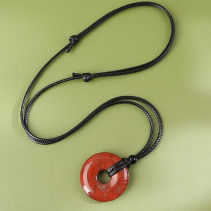 FANASY Natural Gemstone Pendant Necklce Lucky Coin Crystal Necklace Protection Donut Pendnat with Adjustable Rope for Men Women - color: Red Jasper