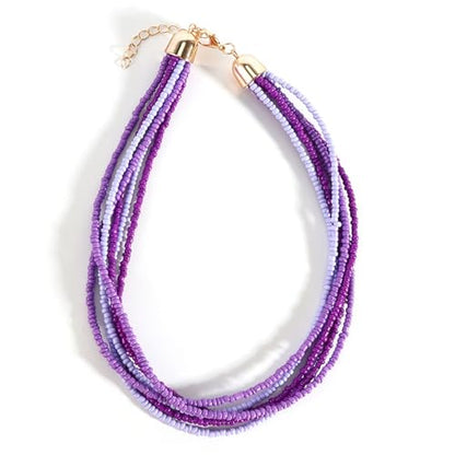 Handmade Colorful Multi-layered Multi Strand Seed Beaded Stackable Bohemian Braided Choker Necklaces for Women Summer Hawaiian Beach Holiday Boho Statement Jewelry - color: purple