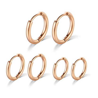Surgical Stainless Steel Hoop Earrings 8mm/10mm/12mm Small Huggie Hoop Earrings for Women and Men - color: I: Rose Gold (Diameter 8mm/10mm/12mm),3 Pairs
