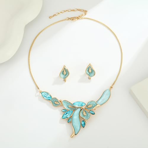 Chunky Statement Jewelry Set Vintage Retro Leaf Flower Floral Geometric Bohemian Boho Bib Necklace Earring Set Fashion Costume Jewelry for Women Girls Wedding Party Prom Unique Gift - style: calla lily flower JS gold aqua