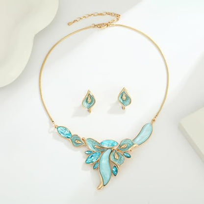 Chunky Statement Jewelry Set Vintage Retro Leaf Flower Floral Geometric Bohemian Boho Bib Necklace Earring Set Fashion Costume Jewelry for Women Girls Wedding Party Prom Unique Gift - style: calla lily flower JS gold aqua