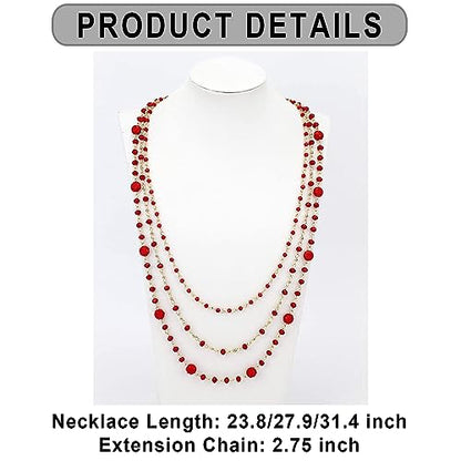 Firstmeet Long Chain Multi Layer Fashion Glass Beads Handmade Necklace for Women - color: Red-j