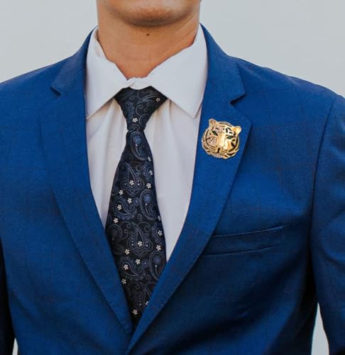 Rhinestone Tiger Head Brooch Pins.Gold Silver Animal Lapel Pin,Charm Lion Coat Collar Brooch for Men Suit Pin - color: Gold
