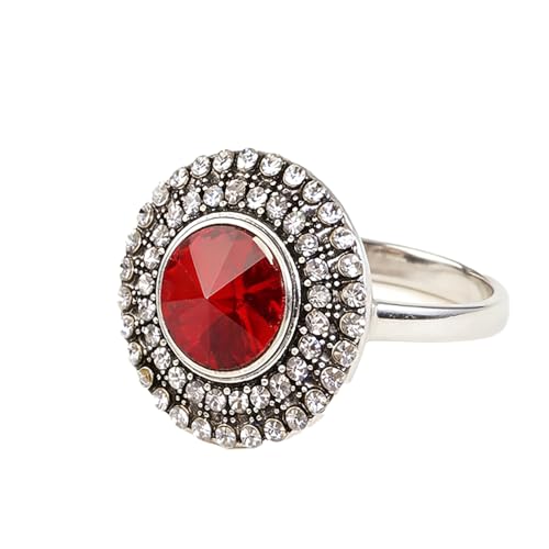 Jumwrit Vintage Knuckle Ring - Silver Rhinestone Big Round Adjustable Finger Ring for Women and Girls - color: Red