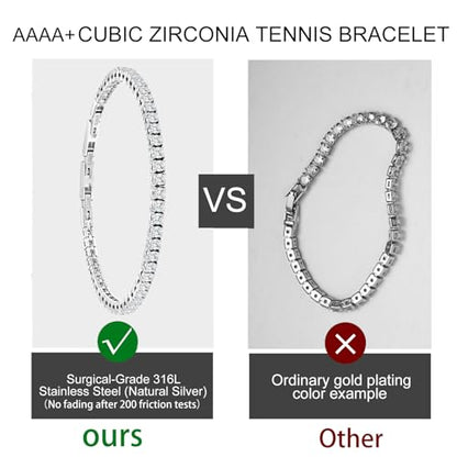 Stainless Steel Adjustable CZ Tennis Bracelet for Women Men | 14K Gold Plated, Round 3mm/4mm/5mm AAAA+ Cubic Zirconia, Dainty Classic, Festival Wedding Jewelry Gift - color: Steel, size: CZ 3mm