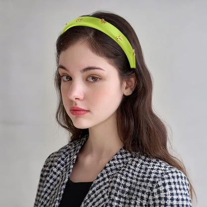 CURASA Padded Headband For Women Cute Non Slip Head Band Soft Sponge Hairband Green Trendy Satin Hairbands Fashion Gold Metal Bow Decorative Hair Hoop Comfortable Elastic Yoga Hair Accessories