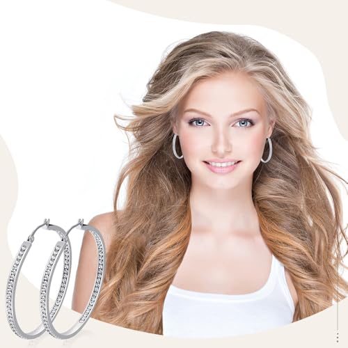 2 Inch Earrings for Women, Large Hoop Earrings for Women Rhinestone Crystal Stainless Steel Earrings - color: Silver