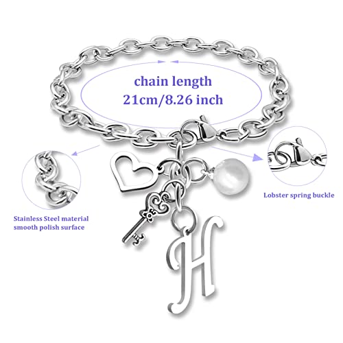 Initial A-Z Bracelets Gift for Women Girls Stainless Steel Chain Bracelet 26 Alphabet Jewelry Gifts for Birthday Anniversary Letter Bracelet Monogram Gifts for Sister Friend Girlfriends Mom 8.26 Inch - color: H