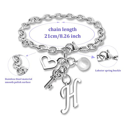 Initial A-Z Bracelets Gift for Women Girls Stainless Steel Chain Bracelet 26 Alphabet Jewelry Gifts for Birthday Anniversary Letter Bracelet Monogram Gifts for Sister Friend Girlfriends Mom 8.26 Inch - color: H