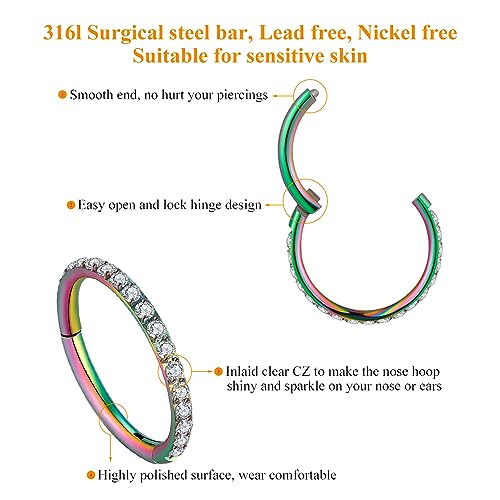 MissNity 20G, 18G, 16G, 14G Hinged Nose Rings Hoop with Gem in 316L Surgical Steel, Septum Clicker Cartilage Earrings Conch Daith Helix Rook Ear Lobe Piercing Jewelry, Diameter 6mm to 12mm - color: 05: Rainbow + Clear CZ