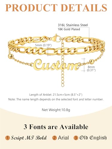 Custom4U Custom Name Anklet Bracelets for Women Waterproof Beaded/Figaro/Cuban/Rope/Wheat Chain Anklet Stackable Gold Plated Non Tarnish Custom Beach Gift Barefoot Summer Jewelry for Her - color: C01-Gold Figaro Chain