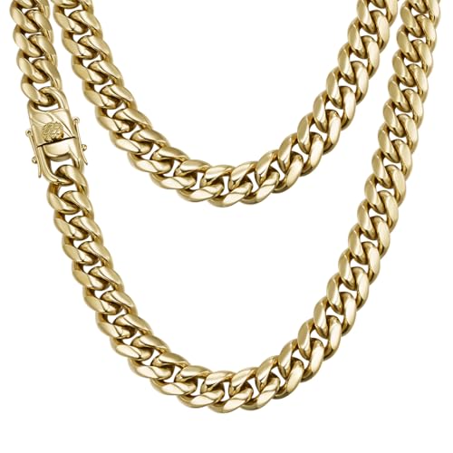 CG&KYGG 12MM 14K Gold Plated Cuban Link Bracelet for Men, Chunky 316L Stainless Steel Chain Necklace for Women, Gift for Birthday & Holiday(Delicate Package, Double Safety Clasp with 14K Stamp) - style: 12mm 14k gold necklace