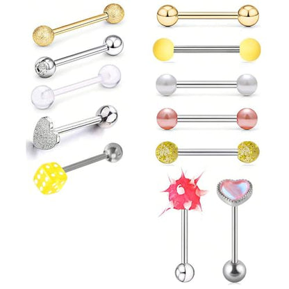 12Pcs Stainless Steel Tongue Rings 16G Curved Barbell Body Piercing Jewelry with Cubic Zirconia Heart Star Round Ball Tongue Cartilage Stud Piercing Jewelry for Women Men - color: Yellow