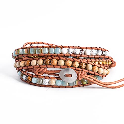 YGLINE Boho Handmade Wrap Leather Tube Crystal Stone Bracelet for Women - color: Jasper-5w