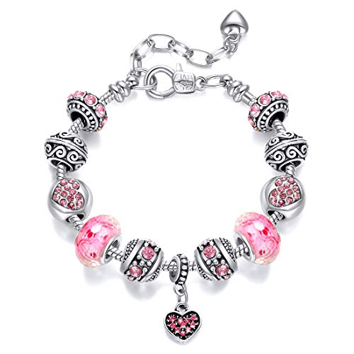 Pink Hearts Silver Plated Charm Bracelet, DIY Jewelry for Women with Beads, Charms, and Adjustable Snake Chain, Fits 7.5"+1.5" - color: Pink, size: 19cm