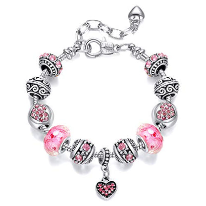 Pink Hearts Silver Plated Charm Bracelet, DIY Jewelry for Women with Beads, Charms, and Adjustable Snake Chain, Fits 7.5"+1.5" - color: Pink, size: 19cm