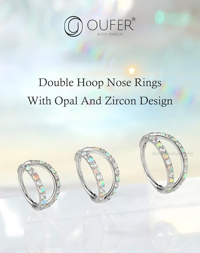OUFER 20G Nose Rings for Women, 316L Surgical Steel Double Hoop Nose Piercing Jewelry, Opal and CZ Septum Lip Eyebrow Cartilage Conch Rook Helix Tragus Daith Earrings Piercing Jewelry-6/7/8MM - color: Silver