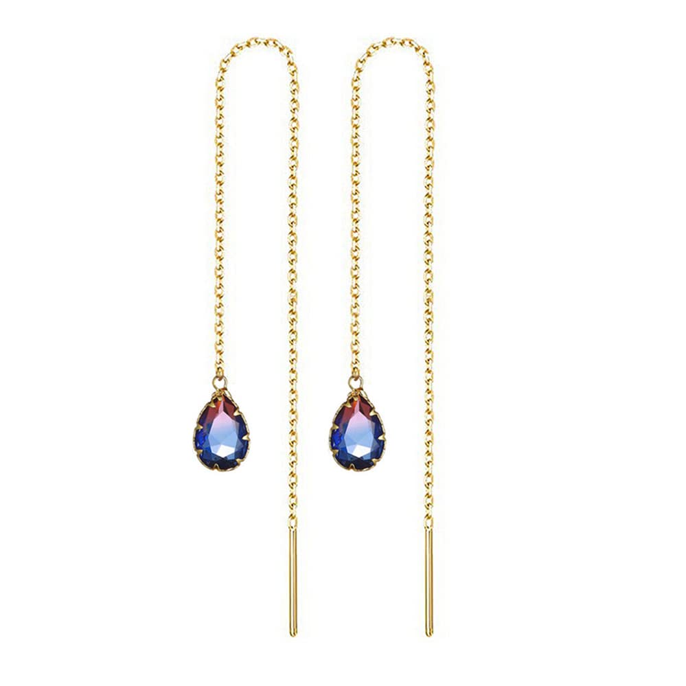 WANGGAO Stainless Steel Water Drop Long Chain Earrings for Women Linear Crystal Threader Earrings Jewelry - color: Blue