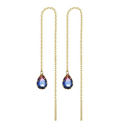 WANGGAO Stainless Steel Water Drop Long Chain Earrings for Women Linear Crystal Threader Earrings Jewelry - color: Blue