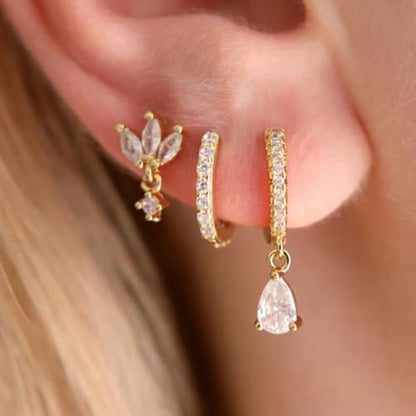 3 Pairs Huggie Hoop Earring Set 18K Gold Plated Cubic Zirconia Cartilage Earrings, Multi Piercings Ear Jacket Earring Climber Stud Earring for Women Everyday Earrings - color: 3 Pairs Earrings Style B