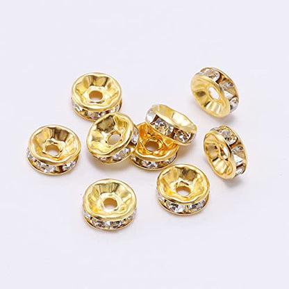 200PCS Rondelle Spacer Beads 10mm Gold Plated Czech White Crystal Rhinestone for Jewelry Making - color: 200Pcs Gold Plated/White, size: 10mm