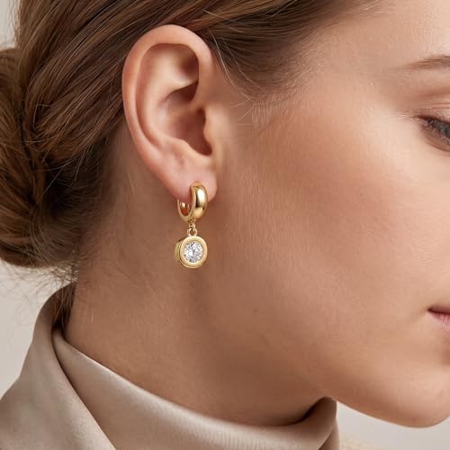 Dangle Flower Gold Earrings for Women, Trendy Statement Hoop Earrings, Gold Floral Drop Earrings Jewelry for Gifts - color: Circular 14K gold CZ