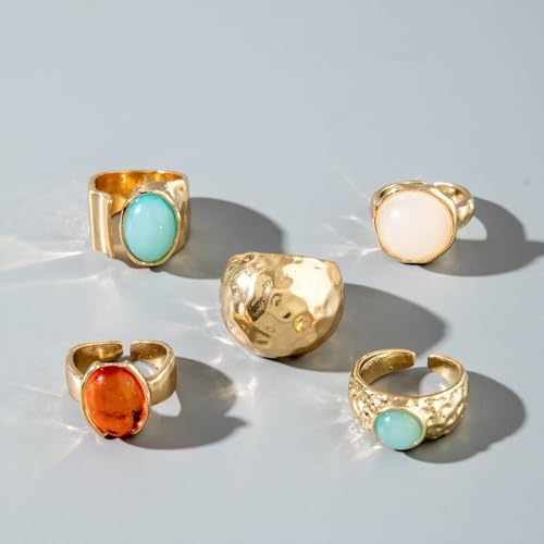 Chunky Gold Gemstone Ring Set for Women Adjustable Stackable Statement Rings Punk Geometric Turquoise Minimalist Jewelry - style: A-Gold