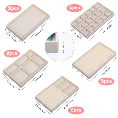 10 Pack Velvet Jewelry Trays – Stackable Drawer Organizer Inserts, Beige Jewelry Storage and Display Trays for Necklaces, Rings, Earrings & Bracelets