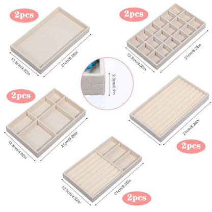 10 Pack Velvet Jewelry Trays – Stackable Drawer Organizer Inserts, Beige Jewelry Storage and Display Trays for Necklaces, Rings, Earrings & Bracelets