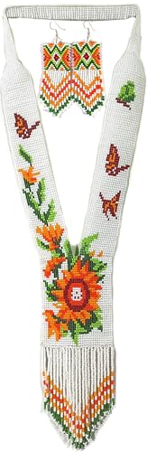 Long Beaded Necklace – Boho Native Handmade Seed Bead Tassel Necklace, Bohemian Large Statement Beaded Necklace for Women - color: White/