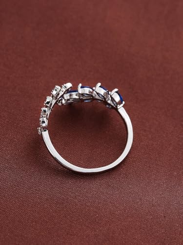Adjustable Open Leaf & Vine Ring with Gemstone & Diamond | Cuff Deco Ring for Women Men | Adjustable Cuff Vine Leaf Deco Rings - color: Silver Blue