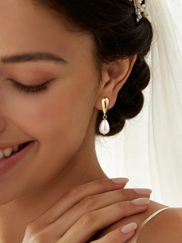 Pearl Drop Earrings 14K Gold Plated Dainty Bridesmaid Jewelry Gift - color: gold