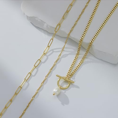 Poxtex Layered Gold Necklaces for Women, Stackable Dainty 14K Gold Silver Plated Trendy Simple Heart Diamond Cross Bow Circle Pendant Paperclip Choker Dot Chain Necklace,Jewelry Set Gifts for Women - color: Gold, style: Pearl1