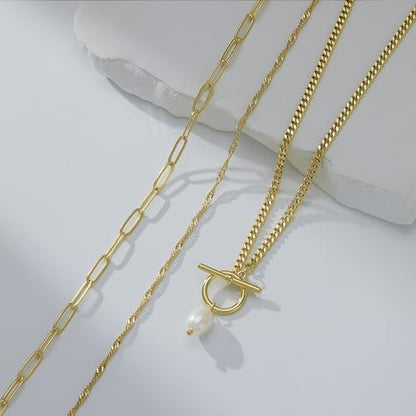 Poxtex Layered Gold Necklaces for Women, Stackable Dainty 14K Gold Silver Plated Trendy Simple Heart Diamond Cross Bow Circle Pendant Paperclip Choker Dot Chain Necklace,Jewelry Set Gifts for Women - color: Gold, style: Pearl1
