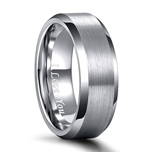 Greenpod 4MM 6MM 8MM Tungsten Carbide Engagement Ring Brushed Beveled Edge Polished Silver Wedding Band for Men Women Engraved I Love You Always & Forever Size 4-15 - color: 8mm I Love You