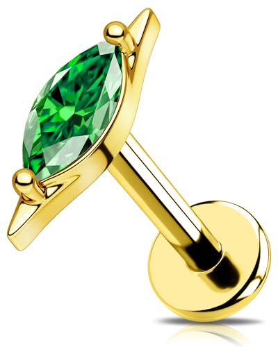 OUFER G23 Titanium Threadless Flat Back Stud, Marquise CZ Cartilage Earring, 18G Minimalist Helix Tragus Flat Piercing Jewelry for Sensitive Ears, 6mm Post - color: Gold- Green