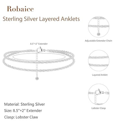 Robaice Ankle Bracelets for Women, 14K Gold Plated/Silver Layered Anklets | Waterproof Adjustable Anklet for Women, Summer Beach Anklet, Glitter Jewelry for Women Gifts - color: Silver