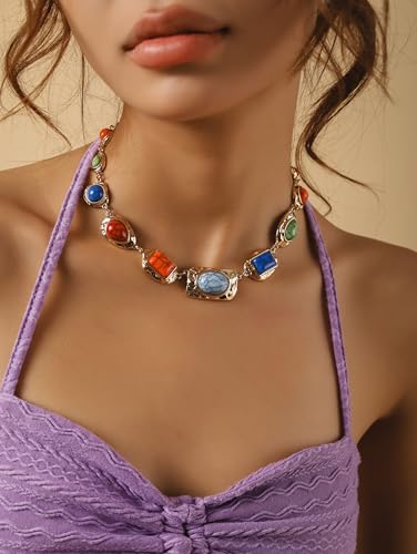 MINACHI Boho Chunky Statement Necklace for Women, Vintage Style with Milky White, Blue and Brown Accents - style: Necklace NECK.002