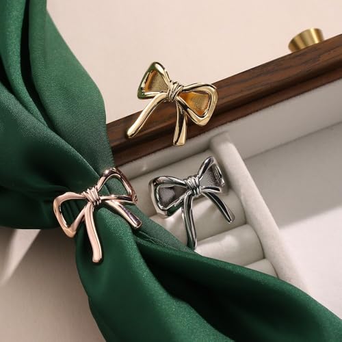 Bowknot Oblate Silk Scarf Ring Brooch for Women Metal Elegant Bow Butterfly Shawl Scarves Buckle Wrap Clasp Clip Rings Brooches Fashion Delicate Wedding Anniversary Dress Accessories Jewelry - color: Rose Gold Plated