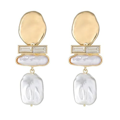 Statement Pearl Dangle Earrings,Gold and Large Pearl,Luxury Chandelier Organic Style Earrings - color: C gold and white