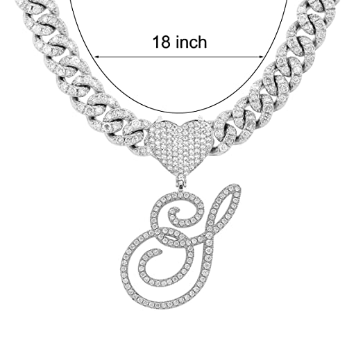 Initial Necklaces Silver Cuban Link Chain for Women Iced Out Chain with Heart Letter Pendants Custom Chain Name Necklace Hip Hop Jewelry Gift - color: S