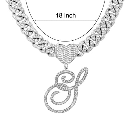 Initial Necklaces Silver Cuban Link Chain for Women Iced Out Chain with Heart Letter Pendants Custom Chain Name Necklace Hip Hop Jewelry Gift - color: S